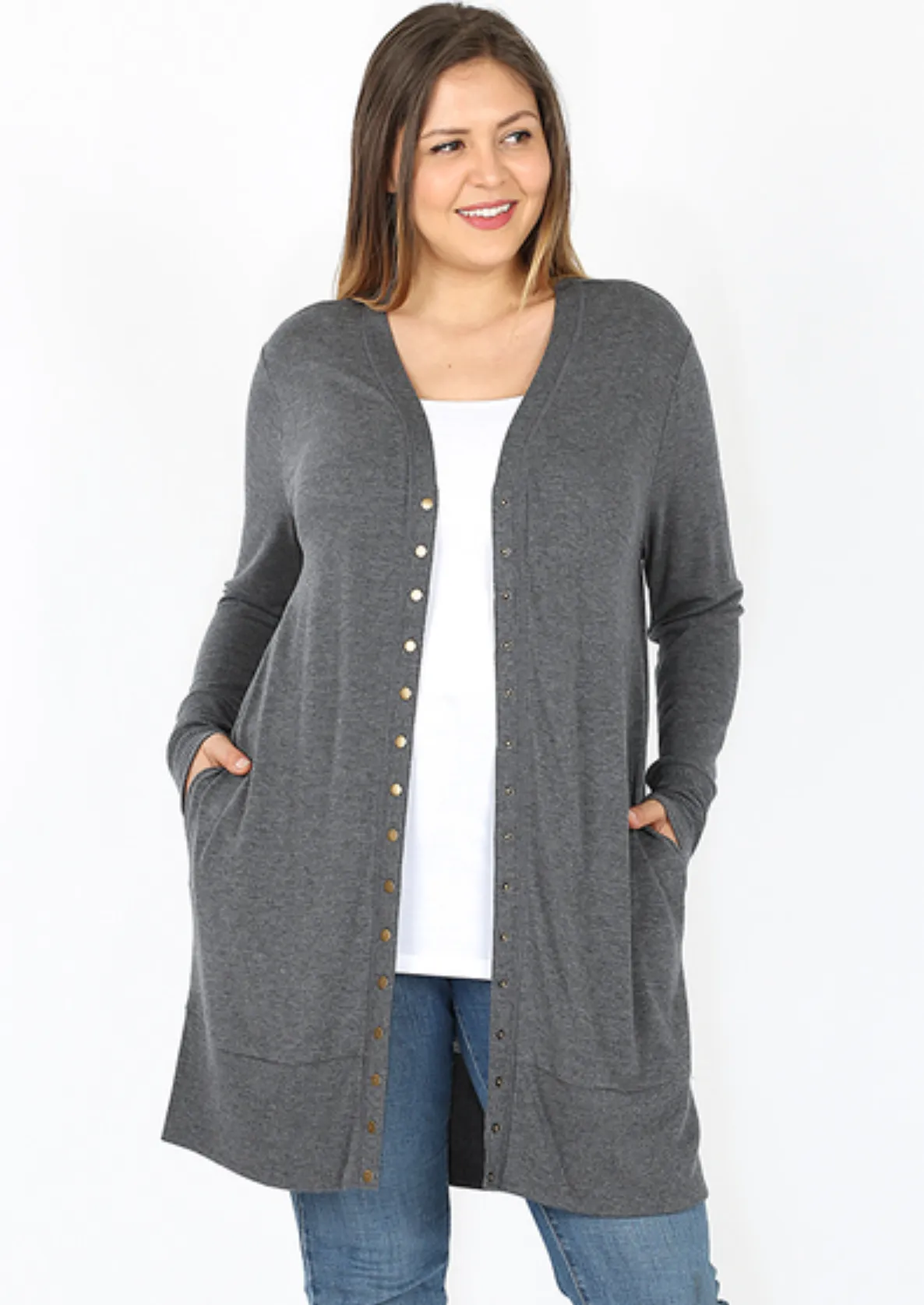 3 Colors - Long Sleeve Snap Cardigan - Mid Thigh Length