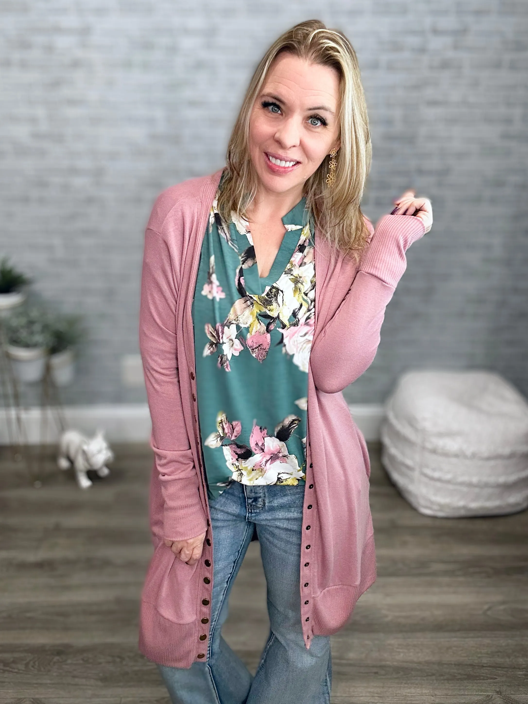 3 Colors - Long Sleeve Snap Cardigan - Mid Thigh Length
