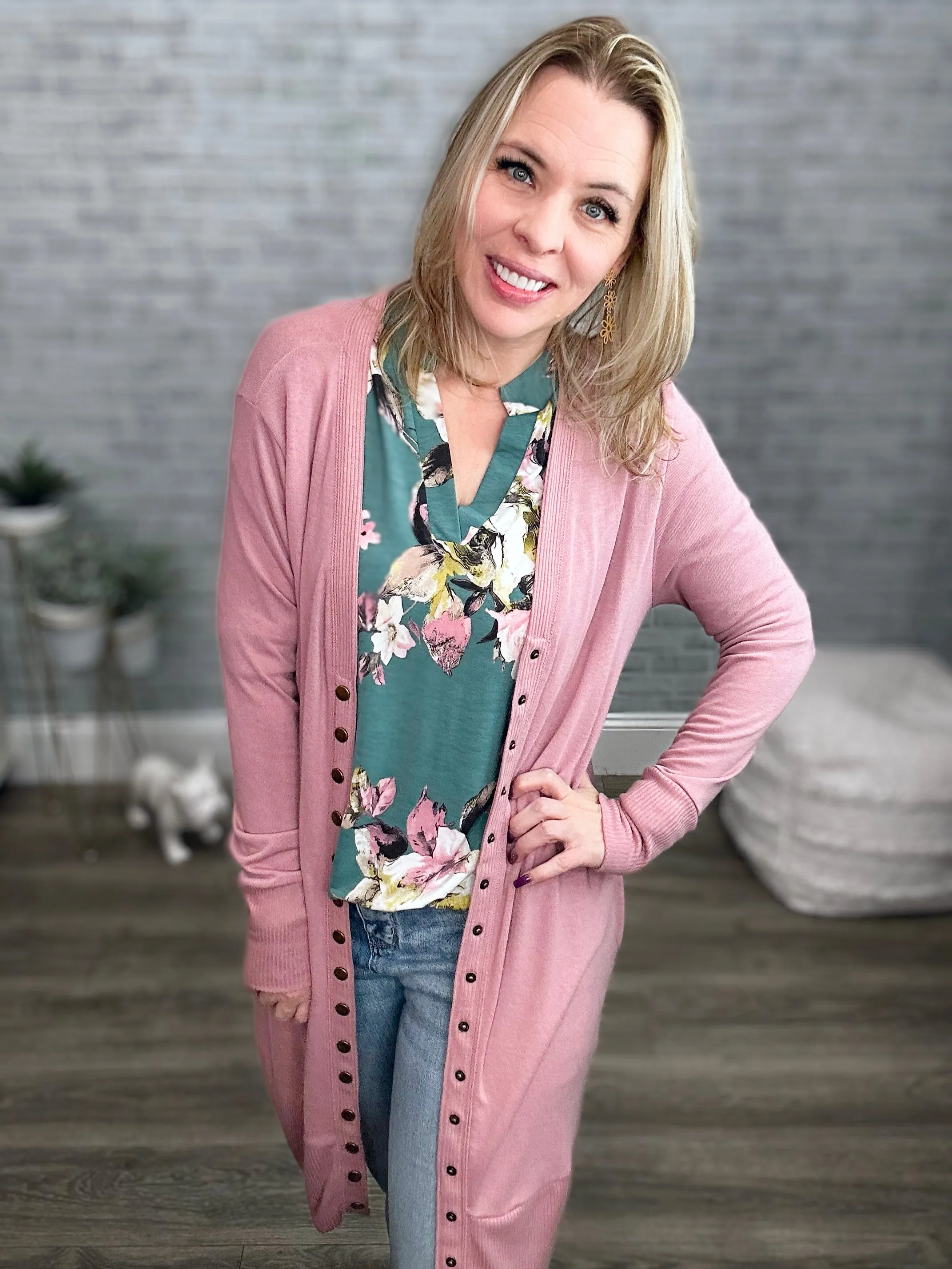 3 Colors - Long Sleeve Snap Cardigan - Mid Thigh Length