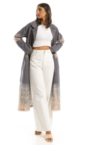 97794 Tie Dye Notched Lapels Long Coat - Dark Grey