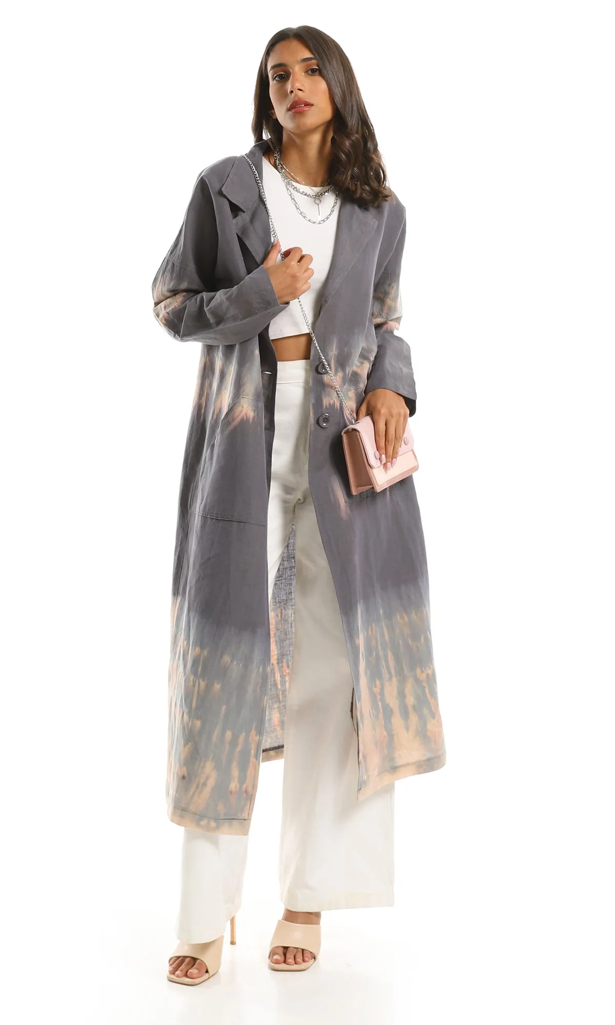 97794 Tie Dye Notched Lapels Long Coat - Dark Grey