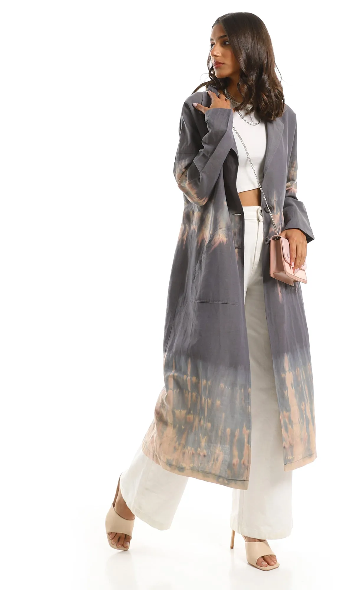 97794 Tie Dye Notched Lapels Long Coat - Dark Grey