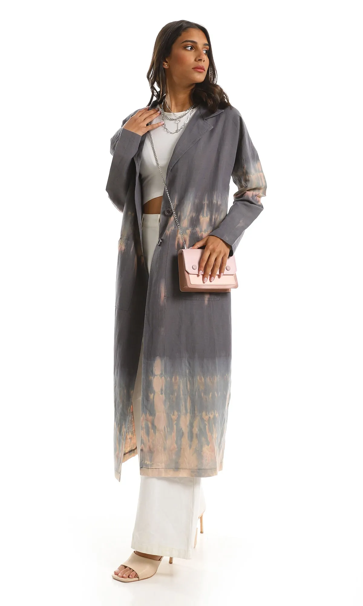 97794 Tie Dye Notched Lapels Long Coat - Dark Grey