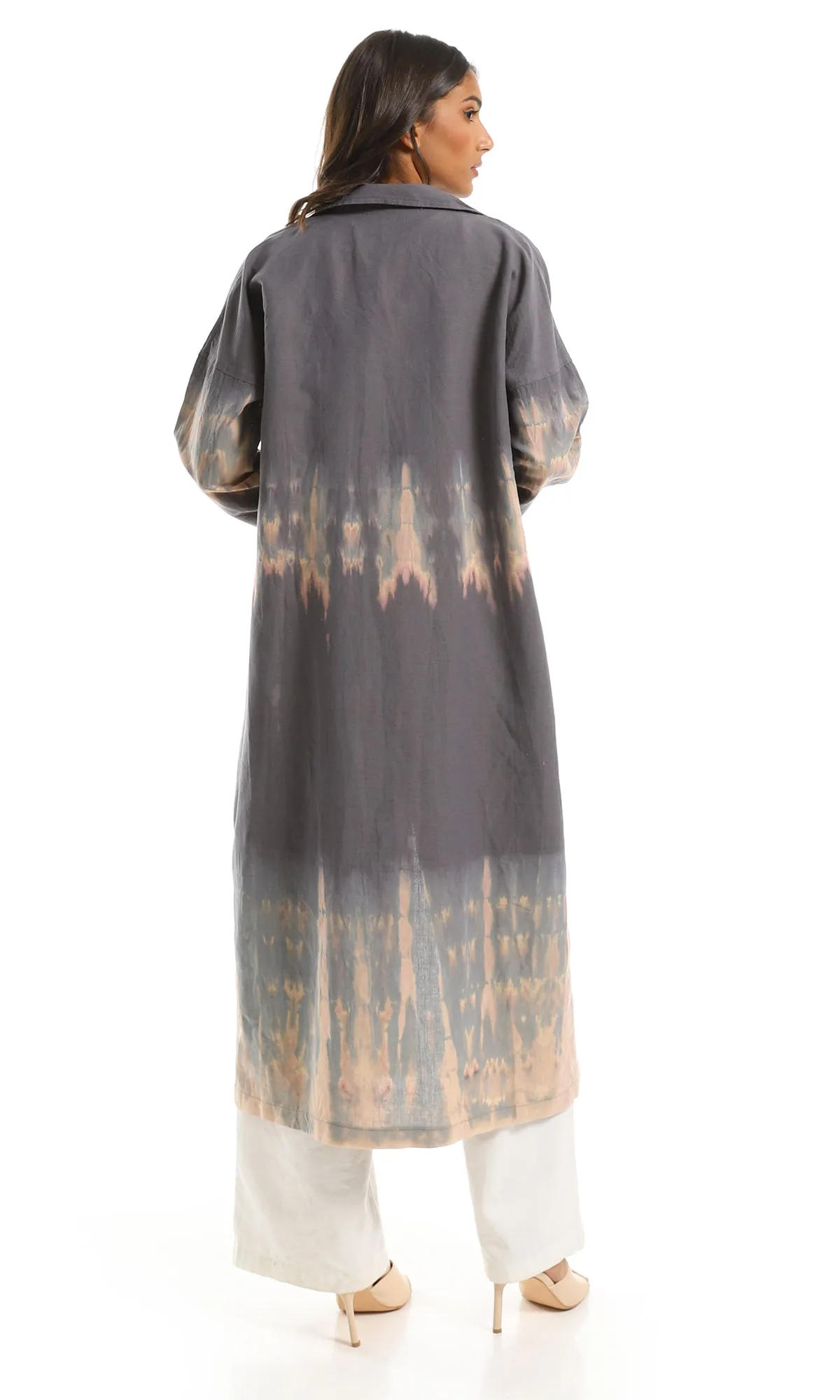 97794 Tie Dye Notched Lapels Long Coat - Dark Grey
