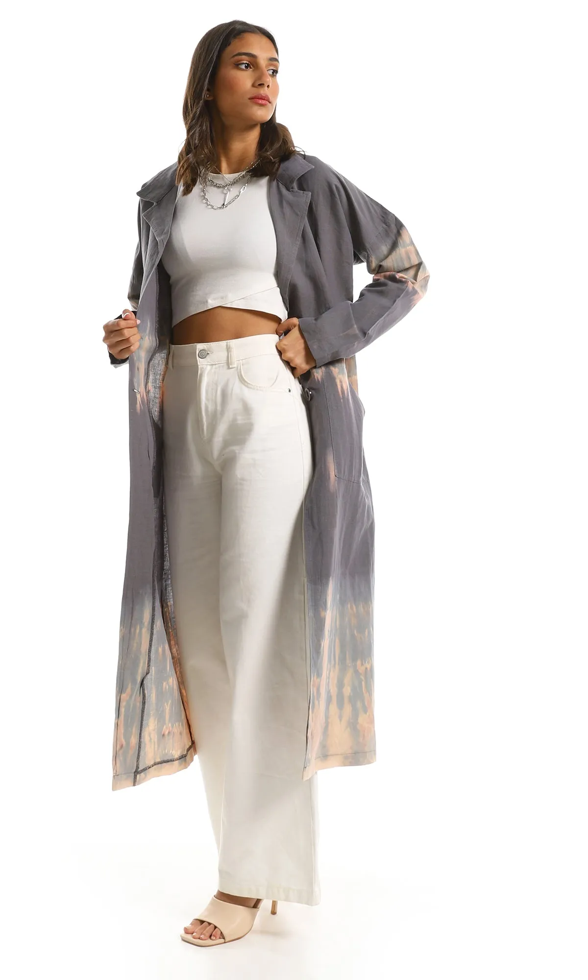 97794 Tie Dye Notched Lapels Long Coat - Dark Grey