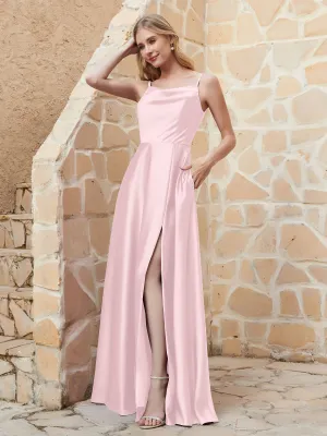 A-line Cowl Neck Satin Dress with Slit Blushing Pink Plus Size
