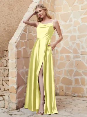 A-line Cowl Neck Satin Dress with Slit Daffodil Plus Size