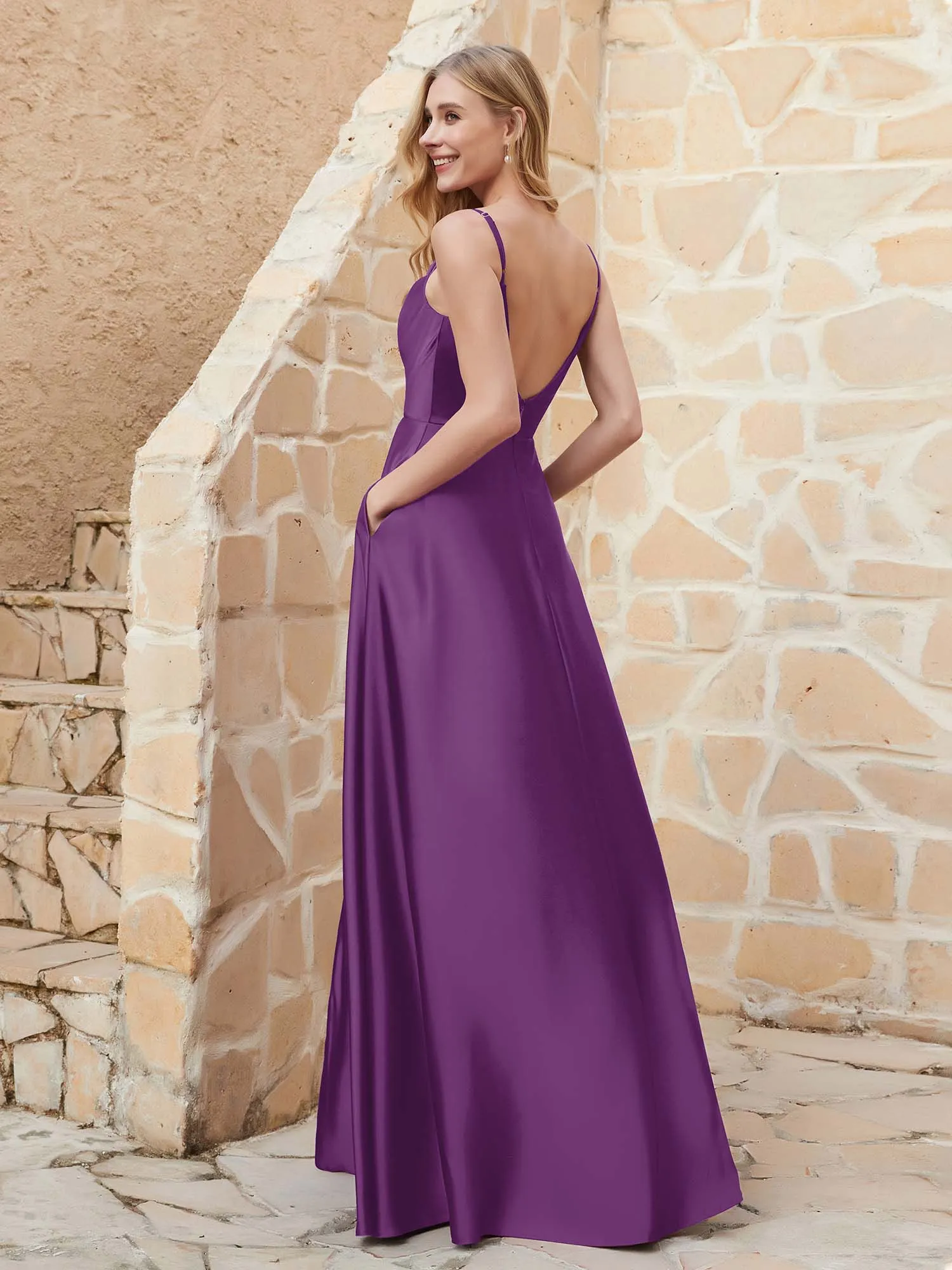 A-line Cowl Neck Satin Dress with Slit Grape Plus Size