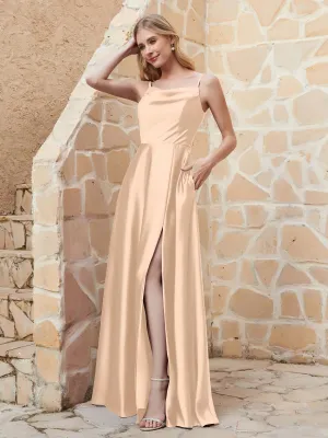 A-line Cowl Neck Satin Dress with Slit Peach