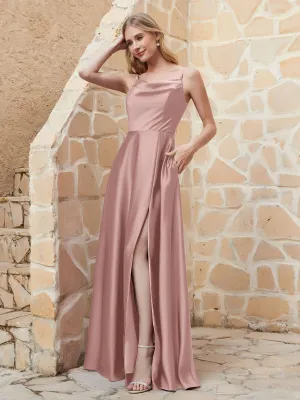 A-line Cowl Neck Satin Dress with Slit Vintage Mauve Plus Size