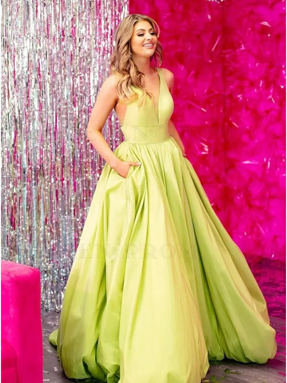 A Line Satin Yellow Prom Dresses Long V Neck with Pockets