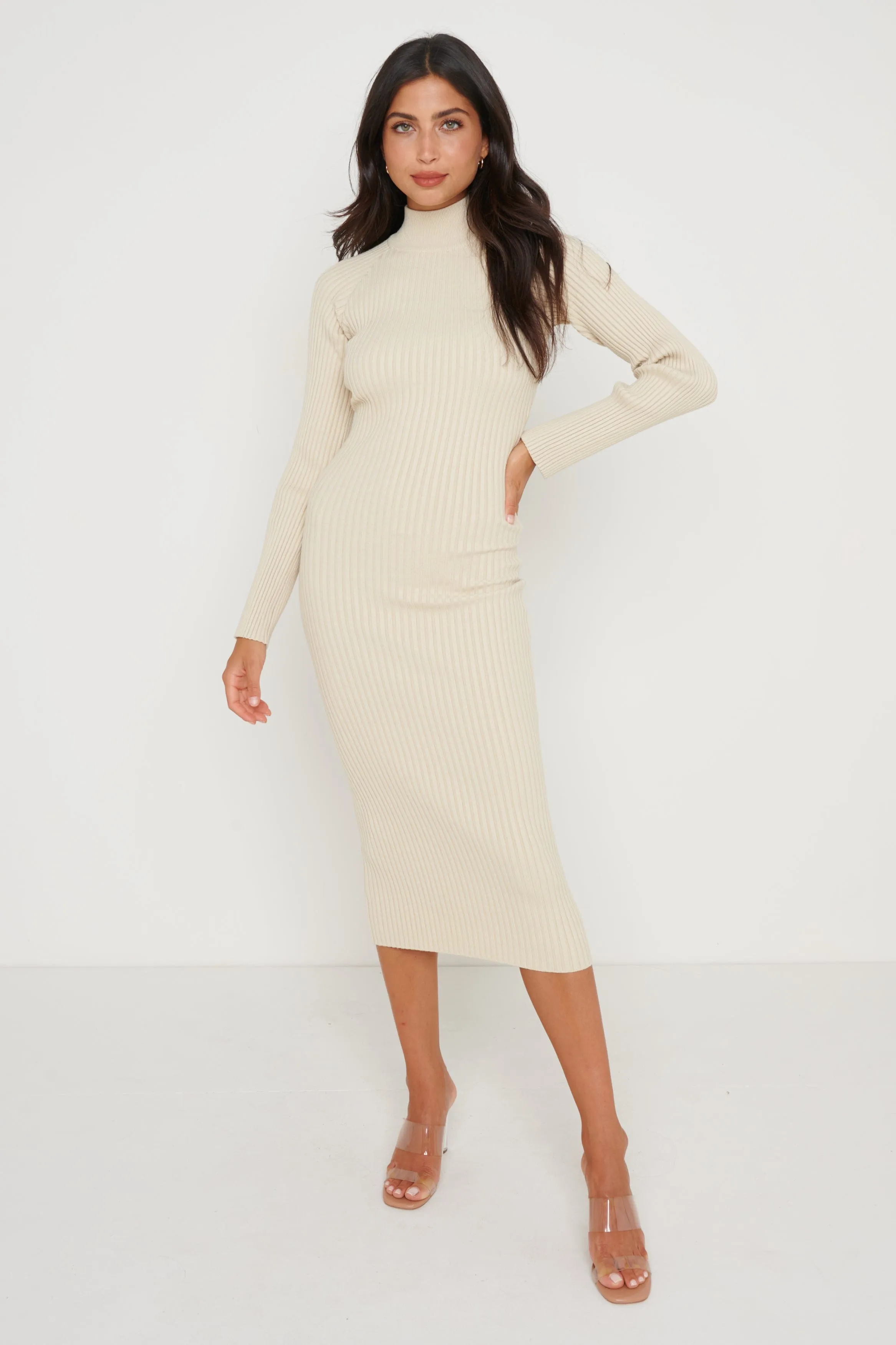 Abbey Ribbed Knit Dress - Light Beige