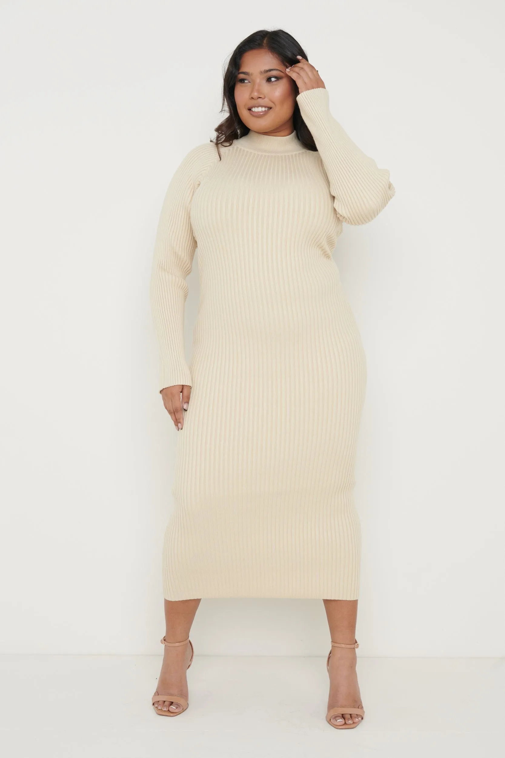 Abbey Ribbed Knit Dress - Light Beige