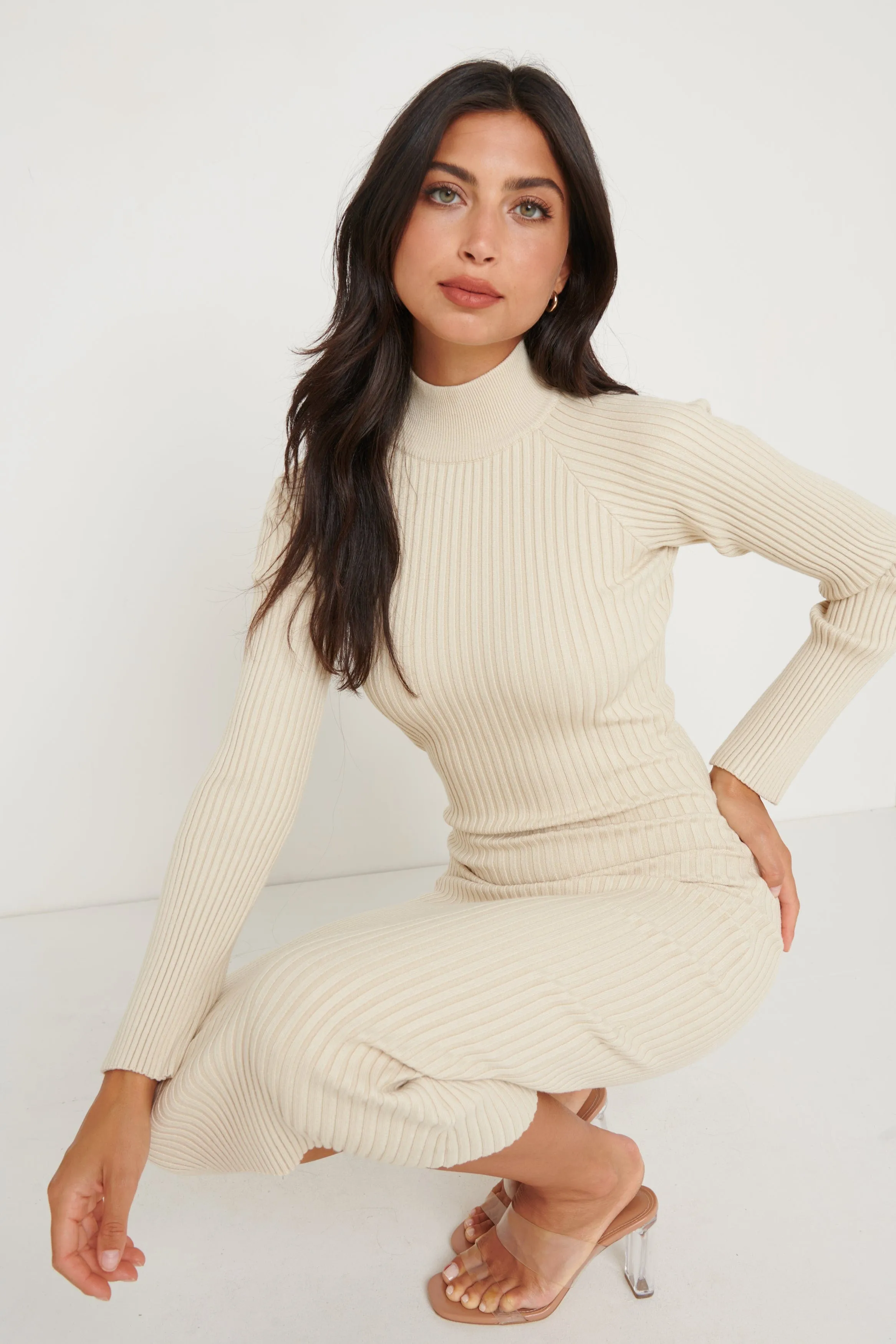 Abbey Ribbed Knit Dress - Light Beige