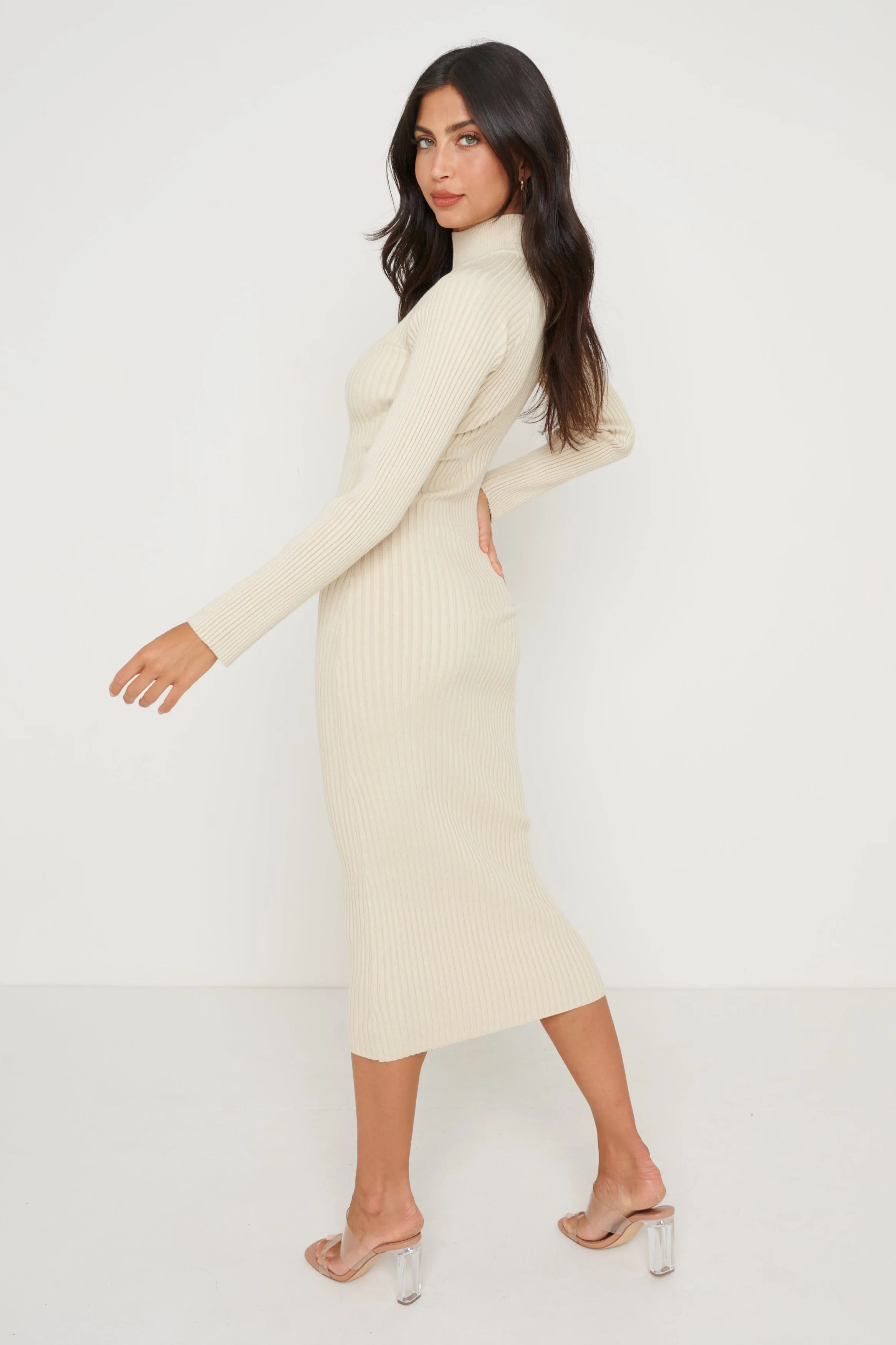Abbey Ribbed Knit Dress - Light Beige
