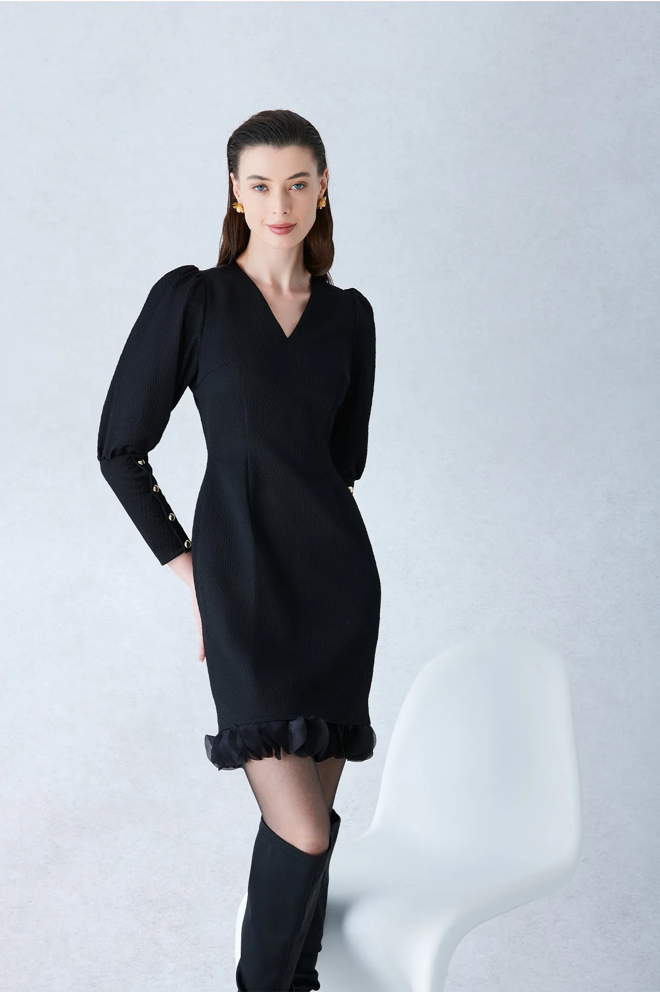 ACETATE JACQUARD DRESS IN BLACK