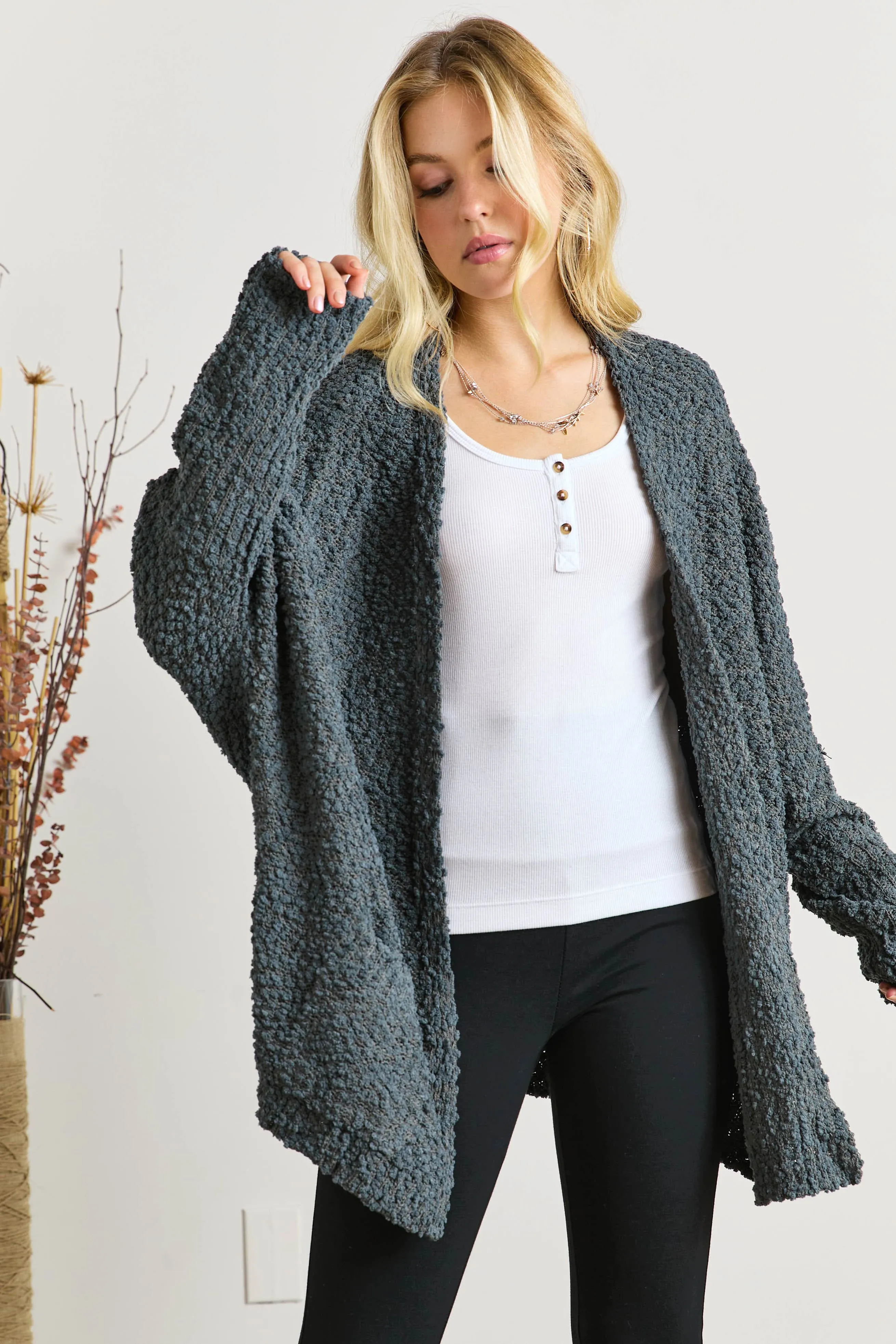 ADORA Dark Olive Popcorn Knit Open Front Long Sleeve Cardigan