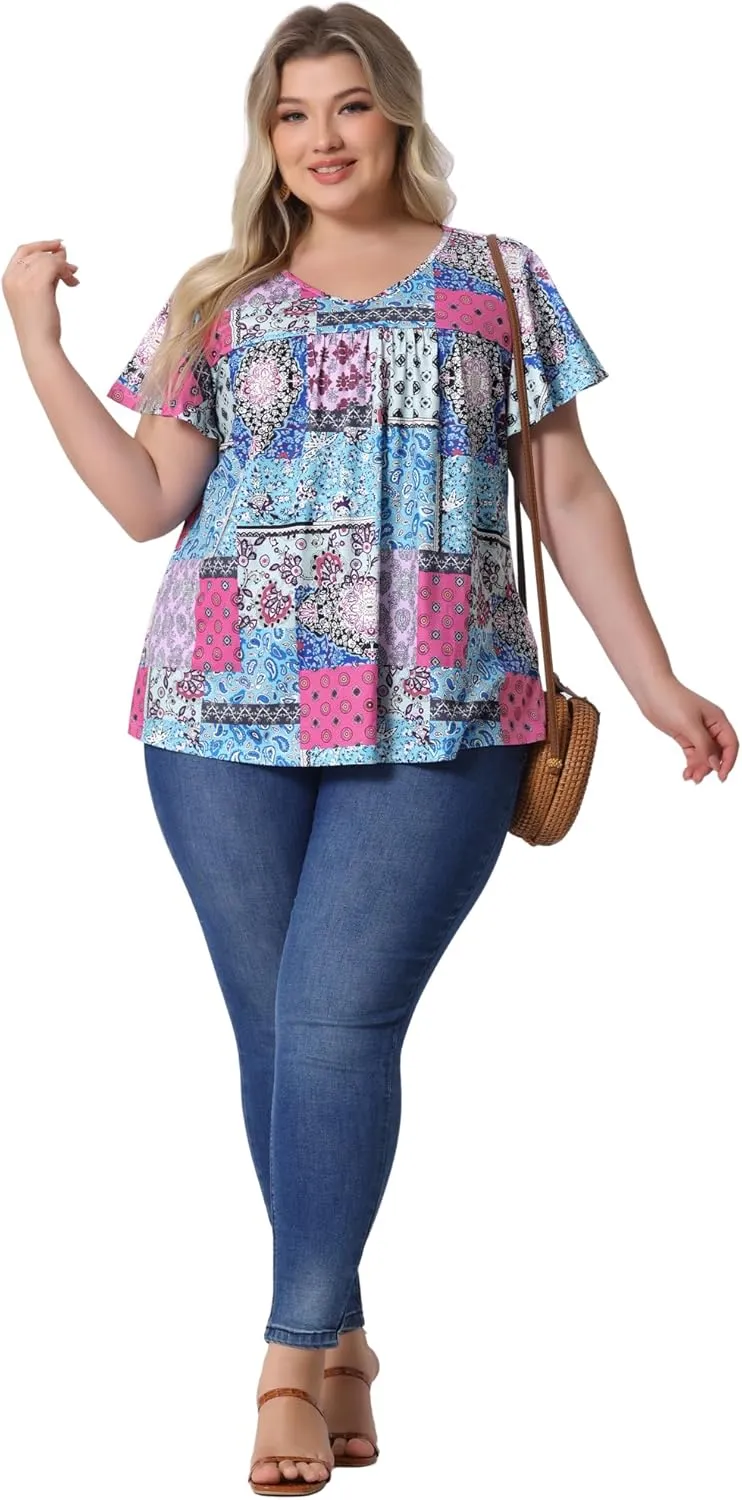 Agnes Orinda Plus Size Women's V Neck Ruffle Short Sleeve Tops Boho Floral Summer t Shirt Tee Tops Blouse Casual 2025