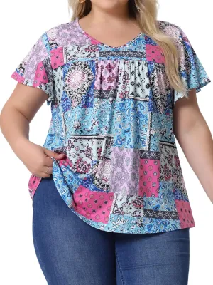 Agnes Orinda Plus Size Women's V Neck Ruffle Short Sleeve Tops Boho Floral Summer t Shirt Tee Tops Blouse Casual 2025