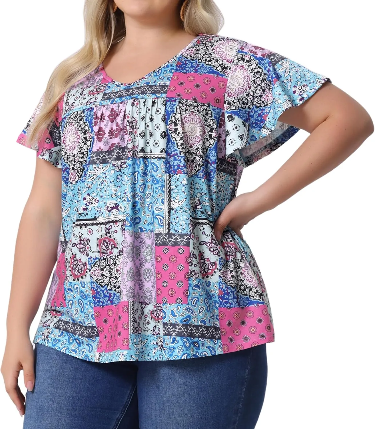 Agnes Orinda Plus Size Women's V Neck Ruffle Short Sleeve Tops Boho Floral Summer t Shirt Tee Tops Blouse Casual 2025