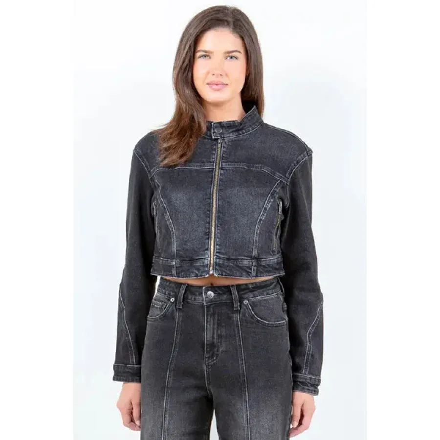 American Bazi Zip Up Cropped Denim Rider Jacket