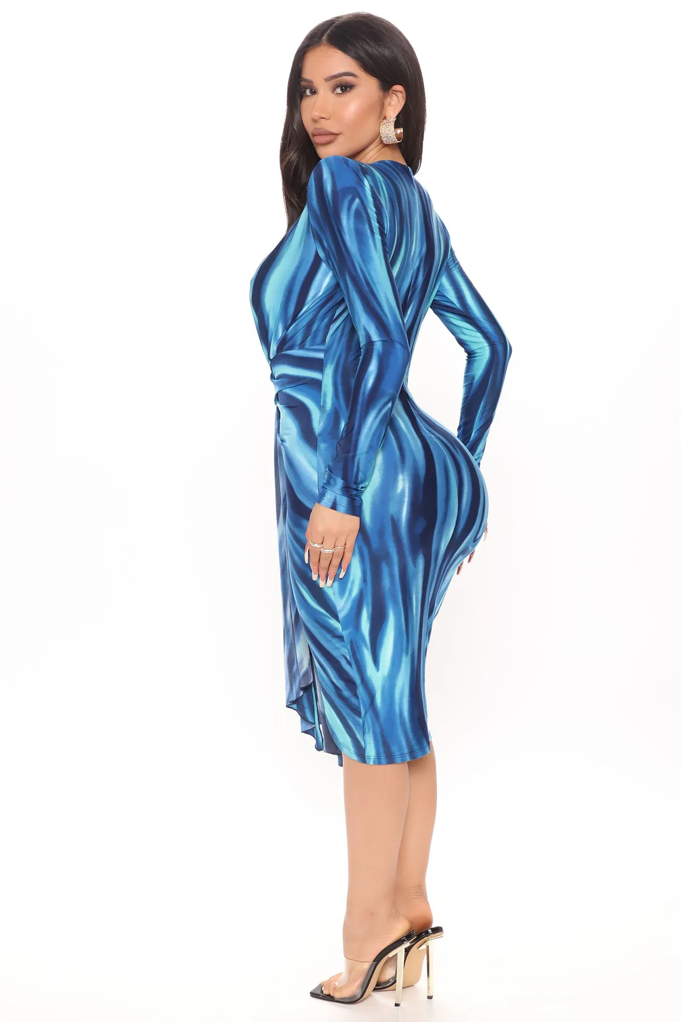Anything But Subtle Long Sleeve Midi Dress - Blue/combo