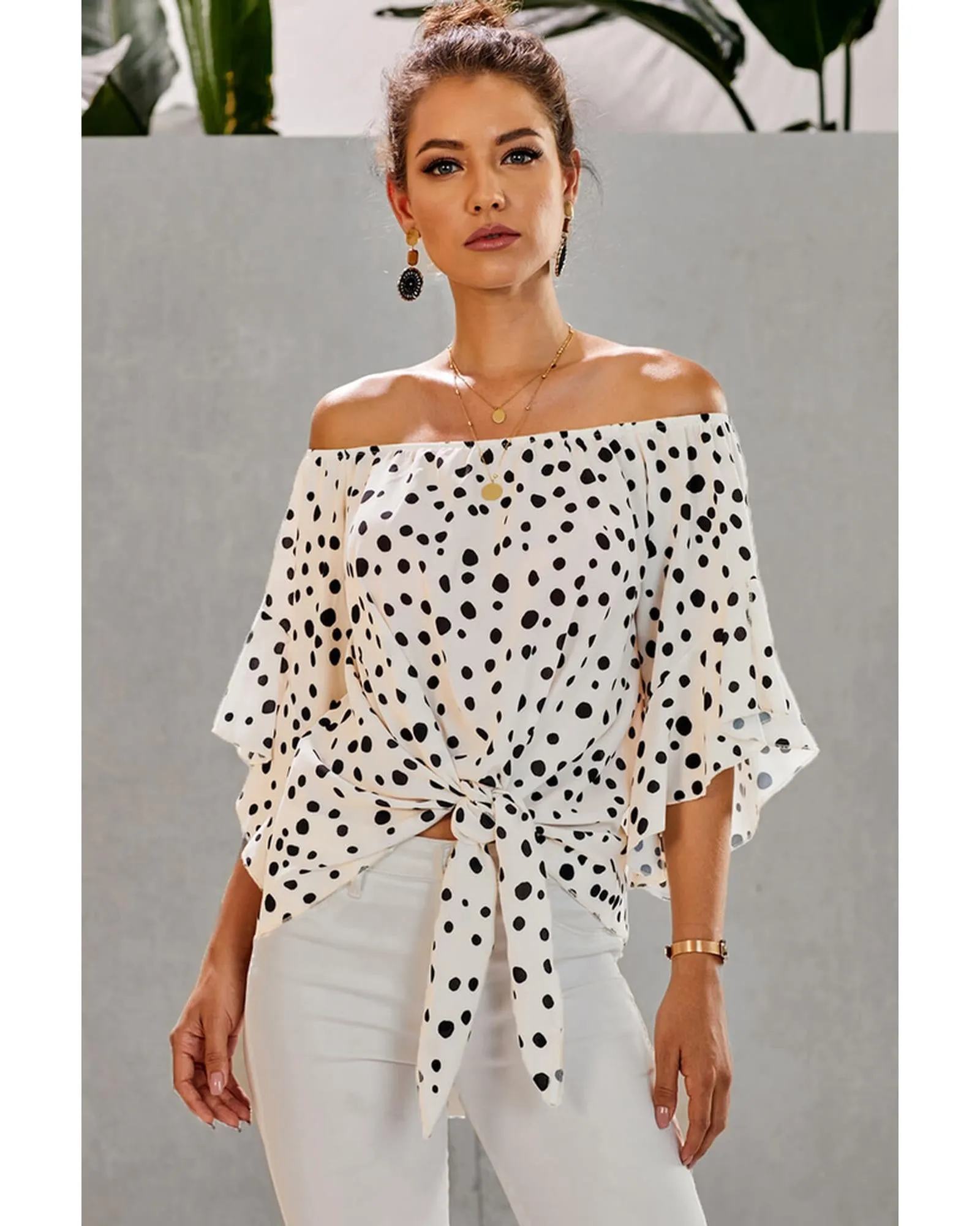 Azura Exchange Polka Dot Bell Sleeve Off Shoulder Top - L
