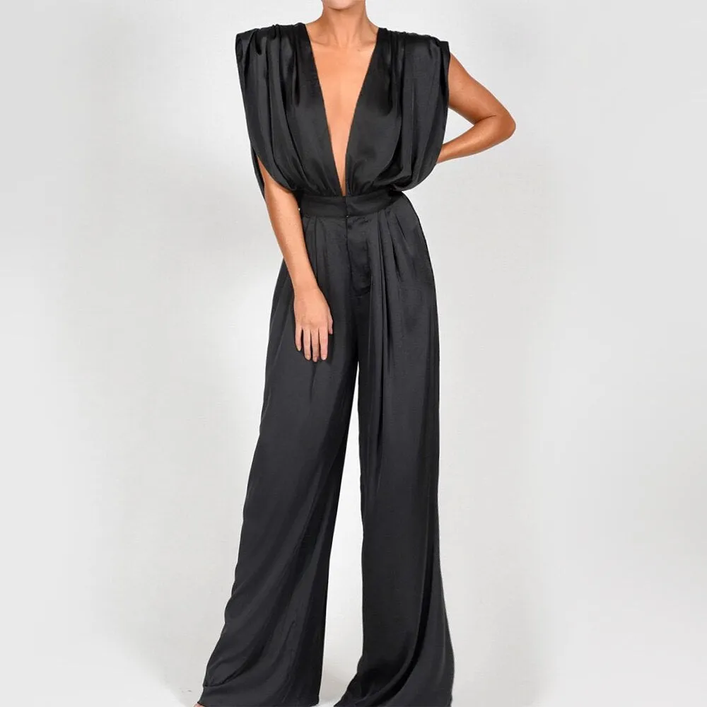 BASREY Sexy Deep V-neck Backless Loose And Comfortable Wide Leg Party Jumpsuit DN80918