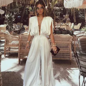 BASREY Sexy Deep V-neck Backless Loose And Comfortable Wide Leg Party Jumpsuit DN80918