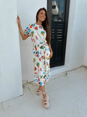Beach Print Midi Dress-Multi