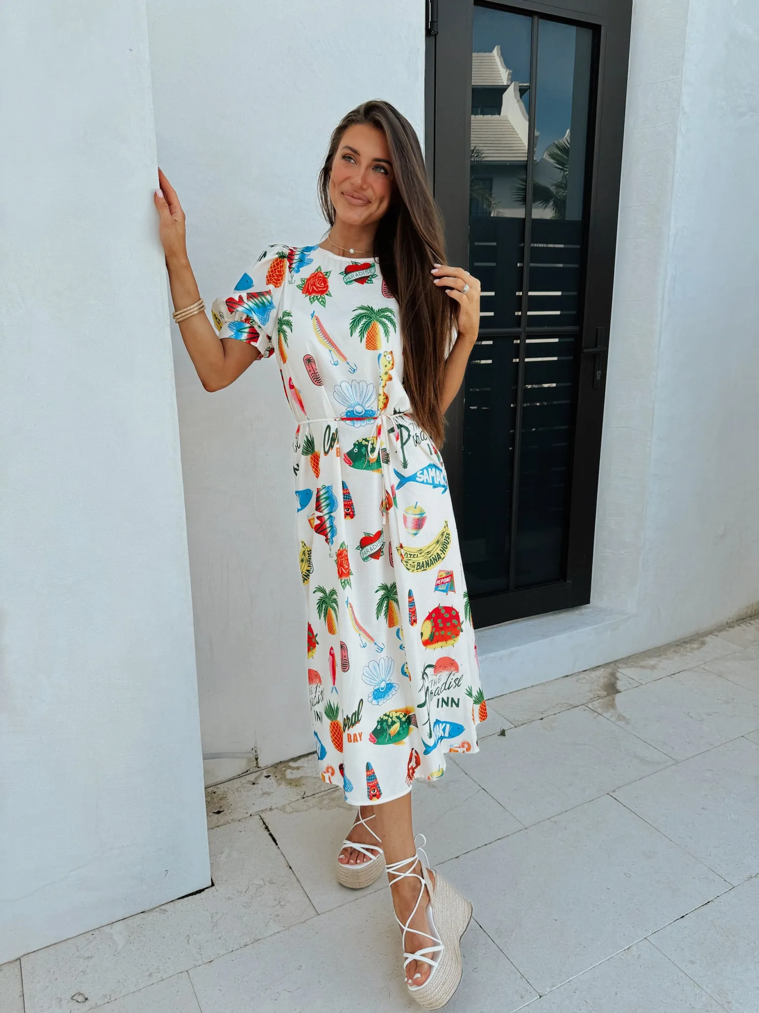 Beach Print Midi Dress-Multi