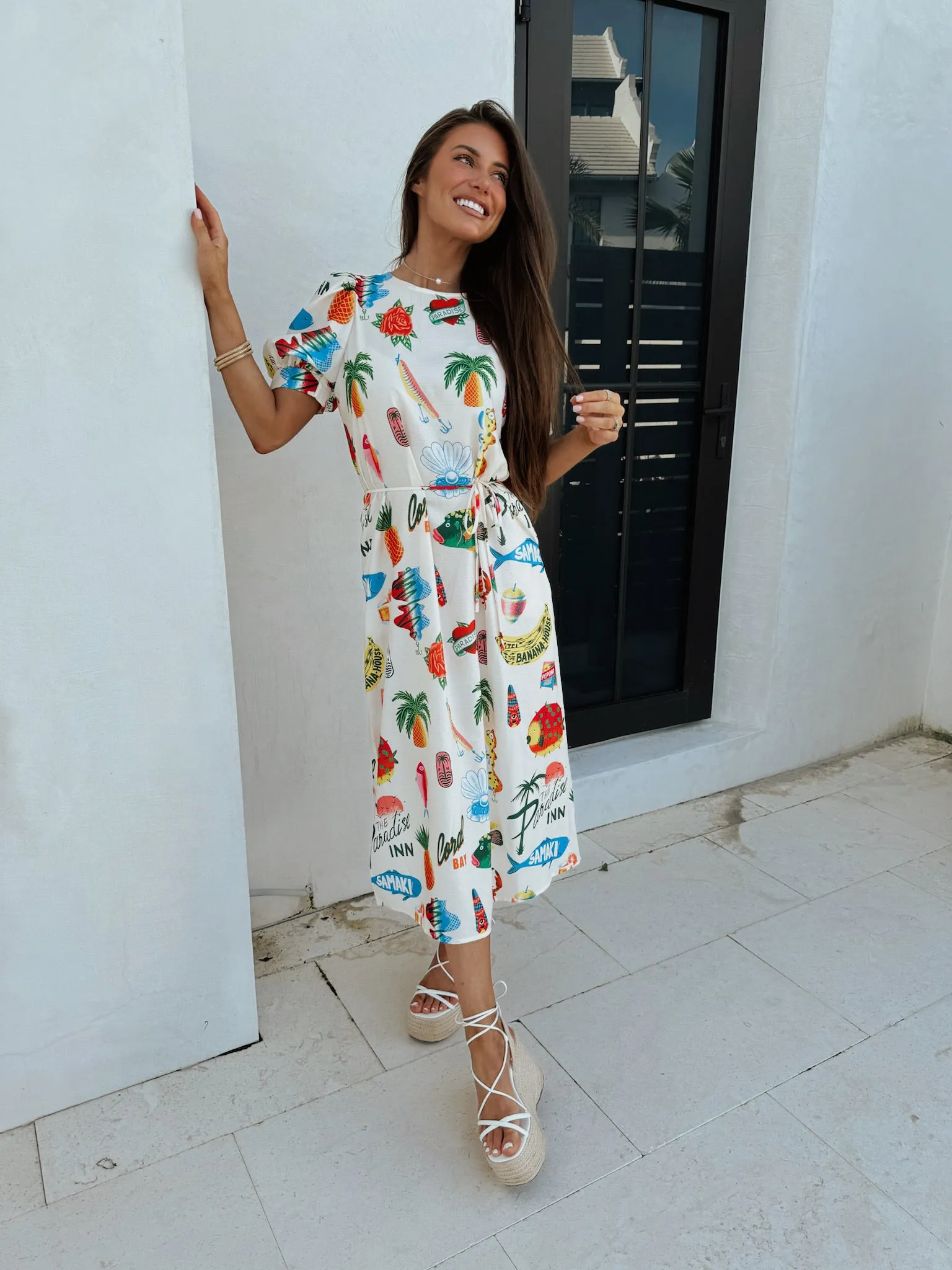 Beach Print Midi Dress-Multi