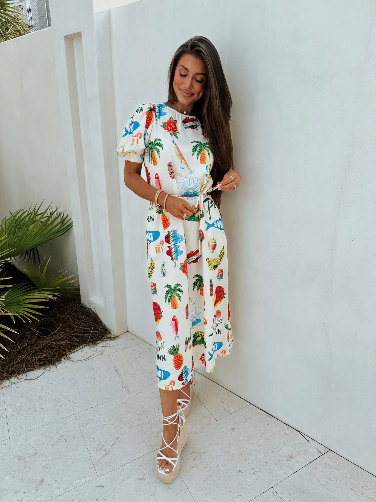 Beach Print Midi Dress-Multi