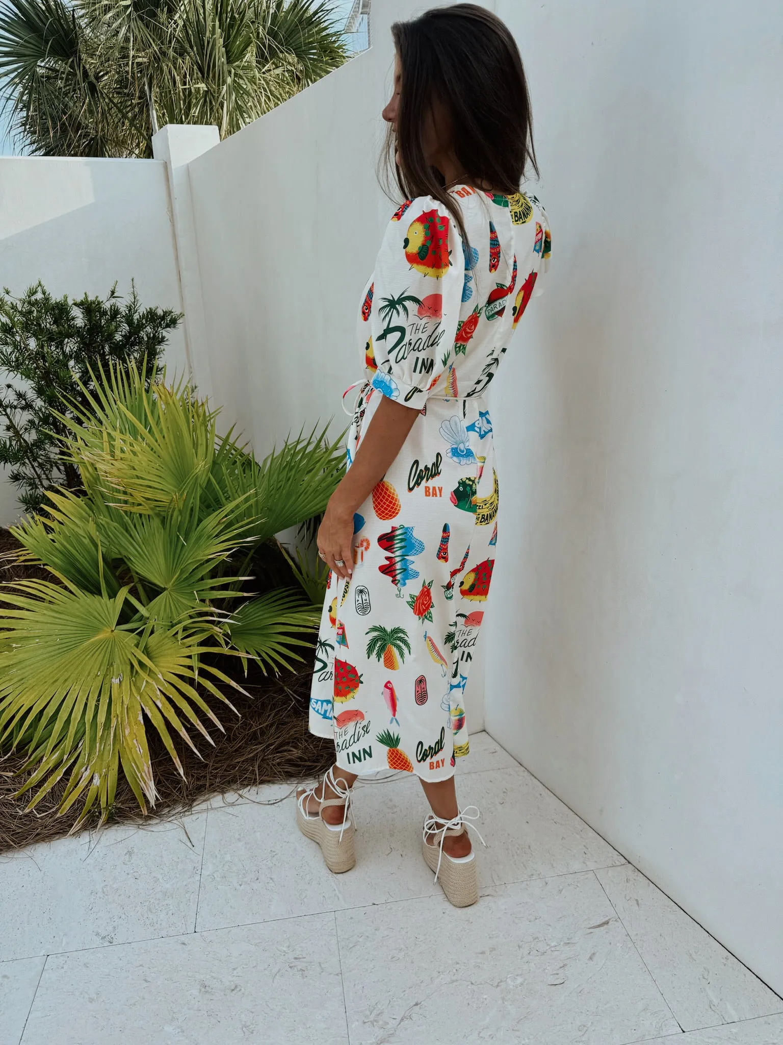 Beach Print Midi Dress-Multi