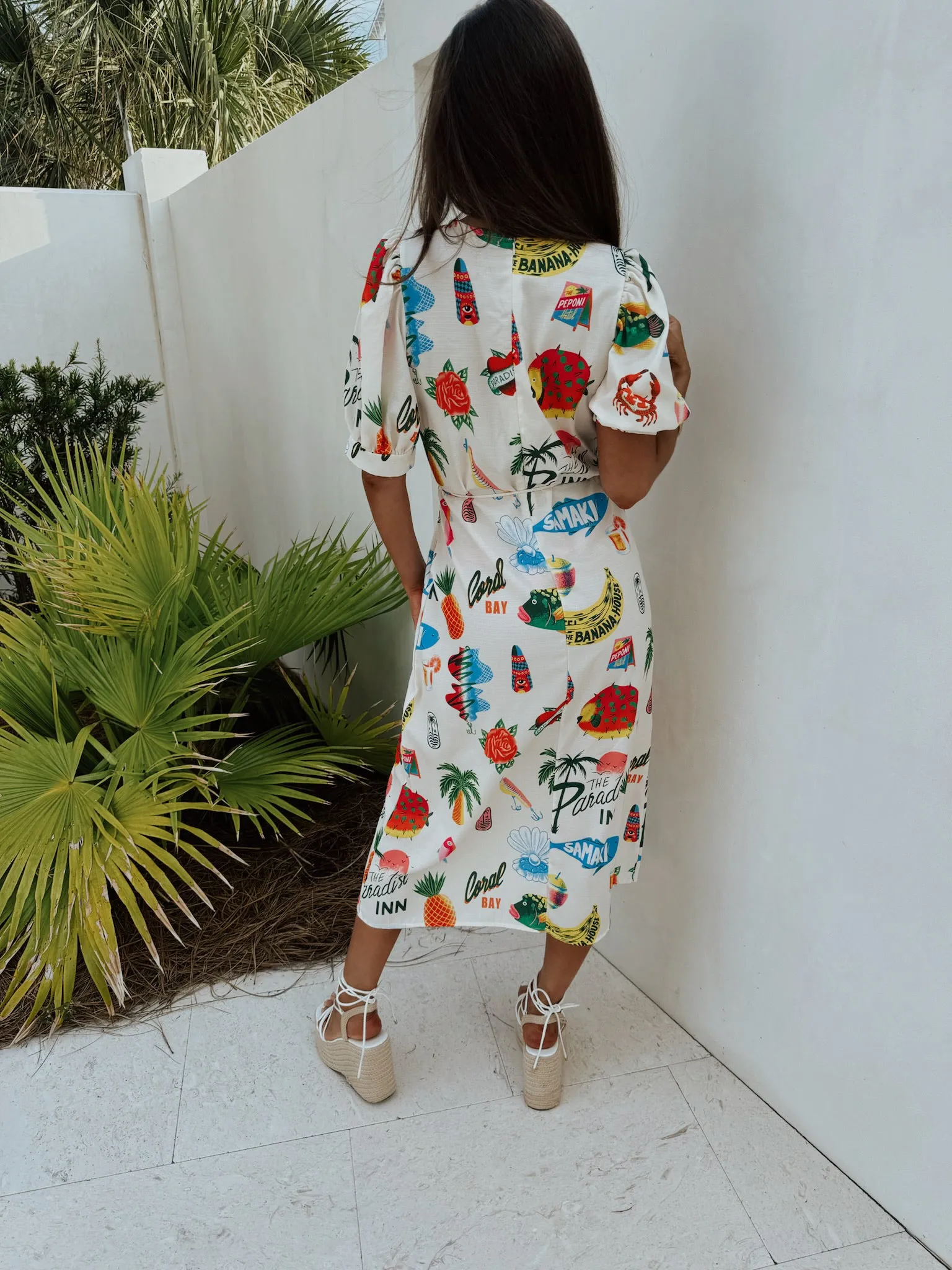 Beach Print Midi Dress-Multi