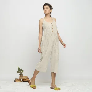 Beige Block Print 100% Cotton Button-Down Midi Jumpsuit
