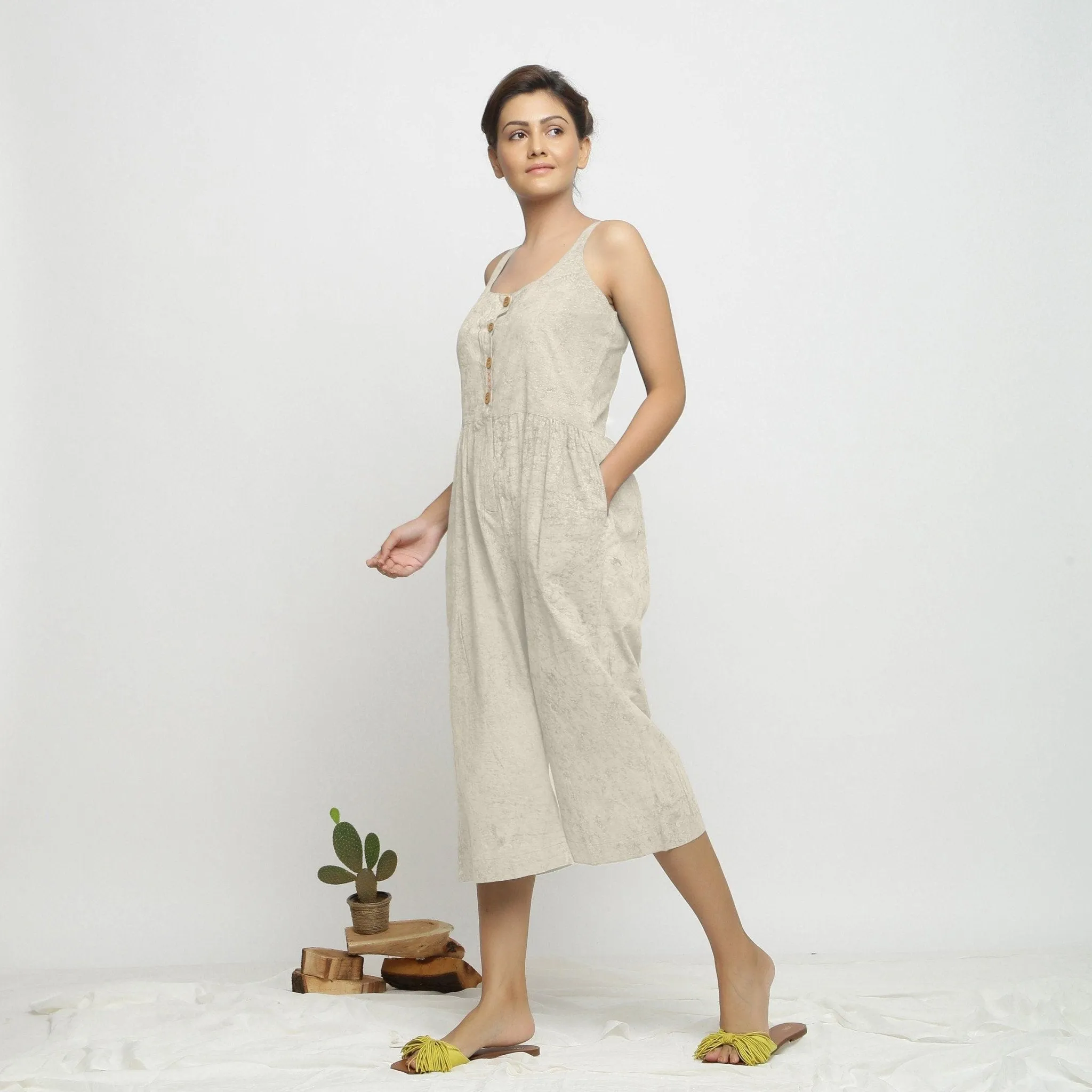 Beige Block Print 100% Cotton Button-Down Midi Jumpsuit