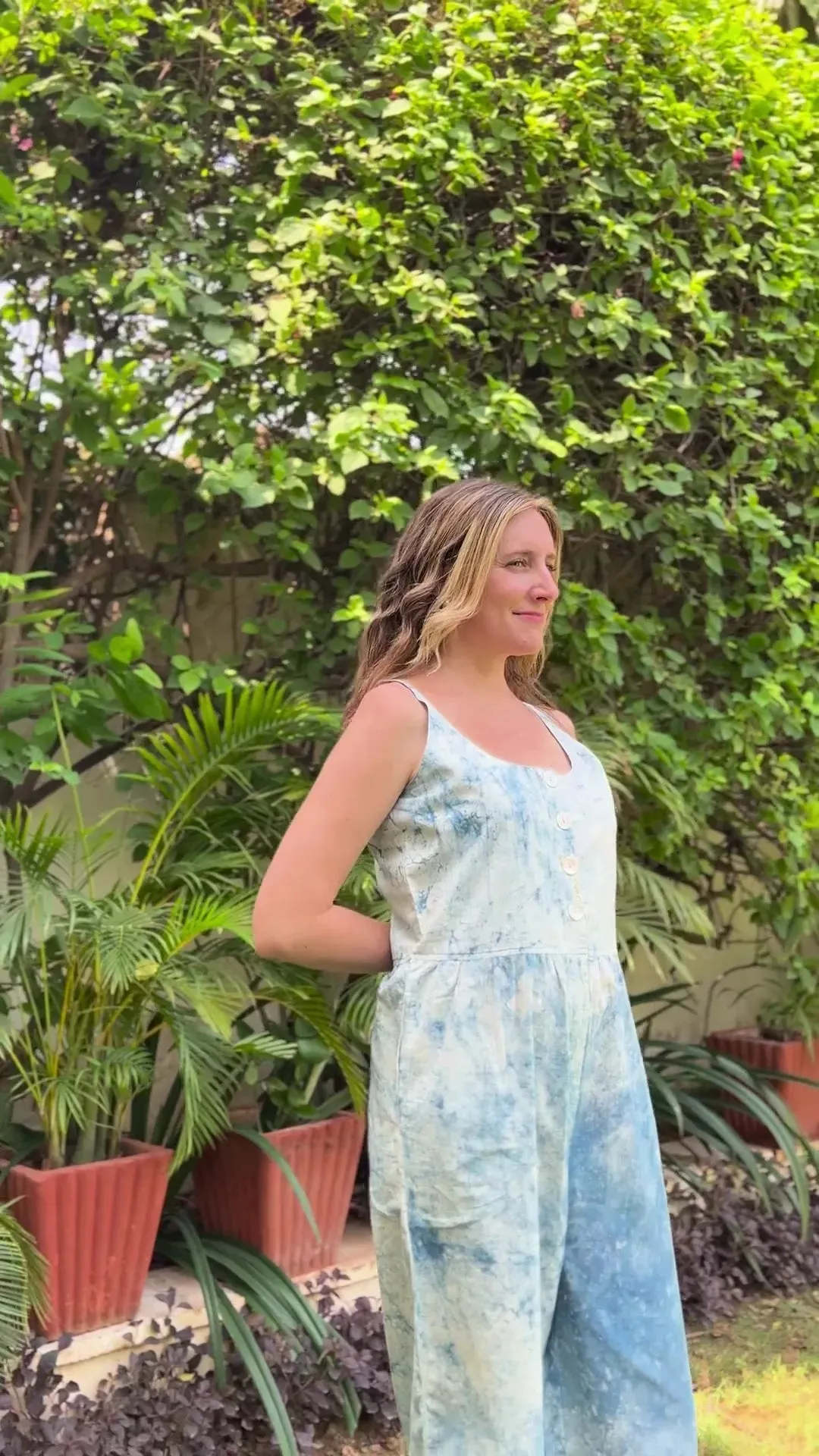Beige Block Print 100% Cotton Button-Down Midi Jumpsuit