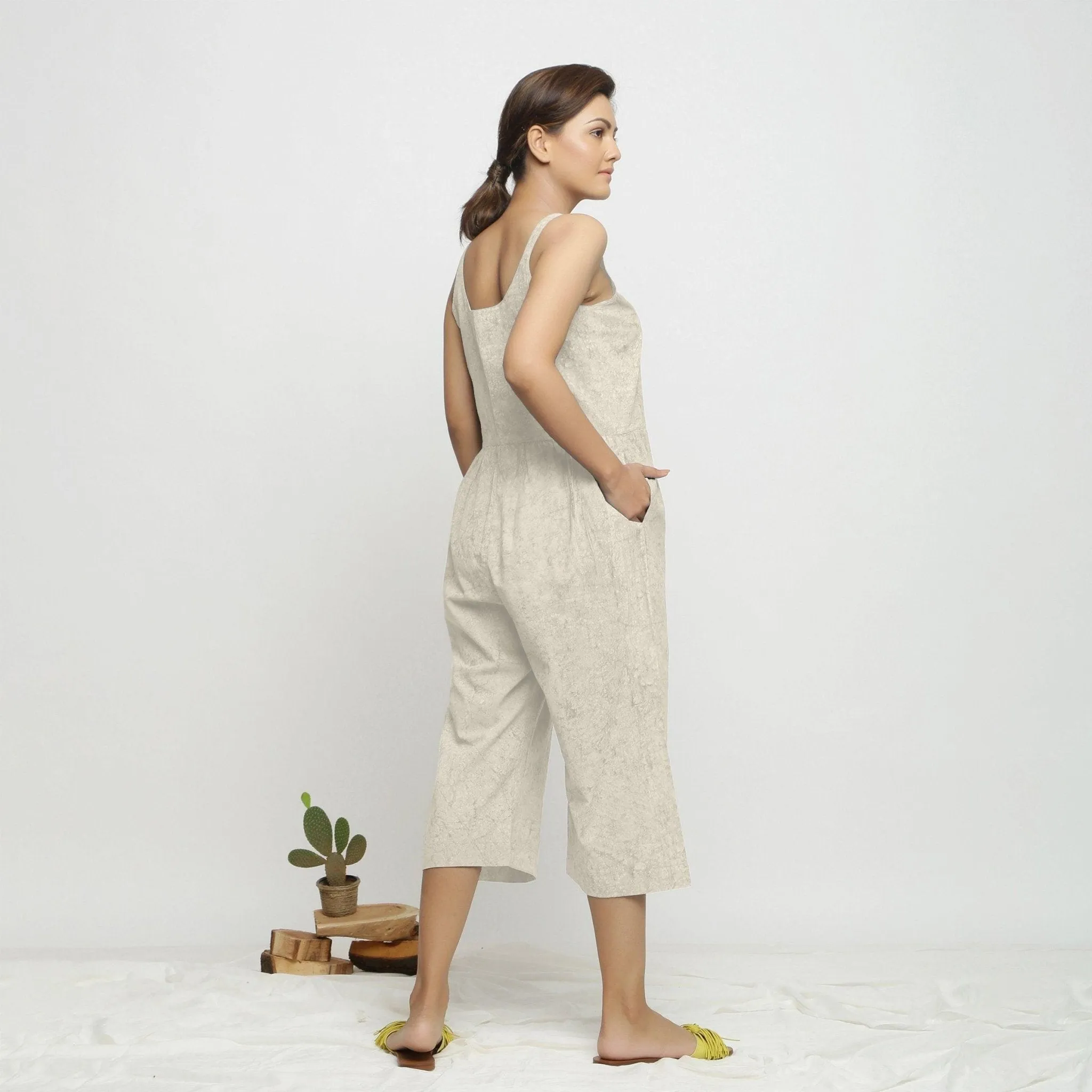 Beige Block Print 100% Cotton Button-Down Midi Jumpsuit