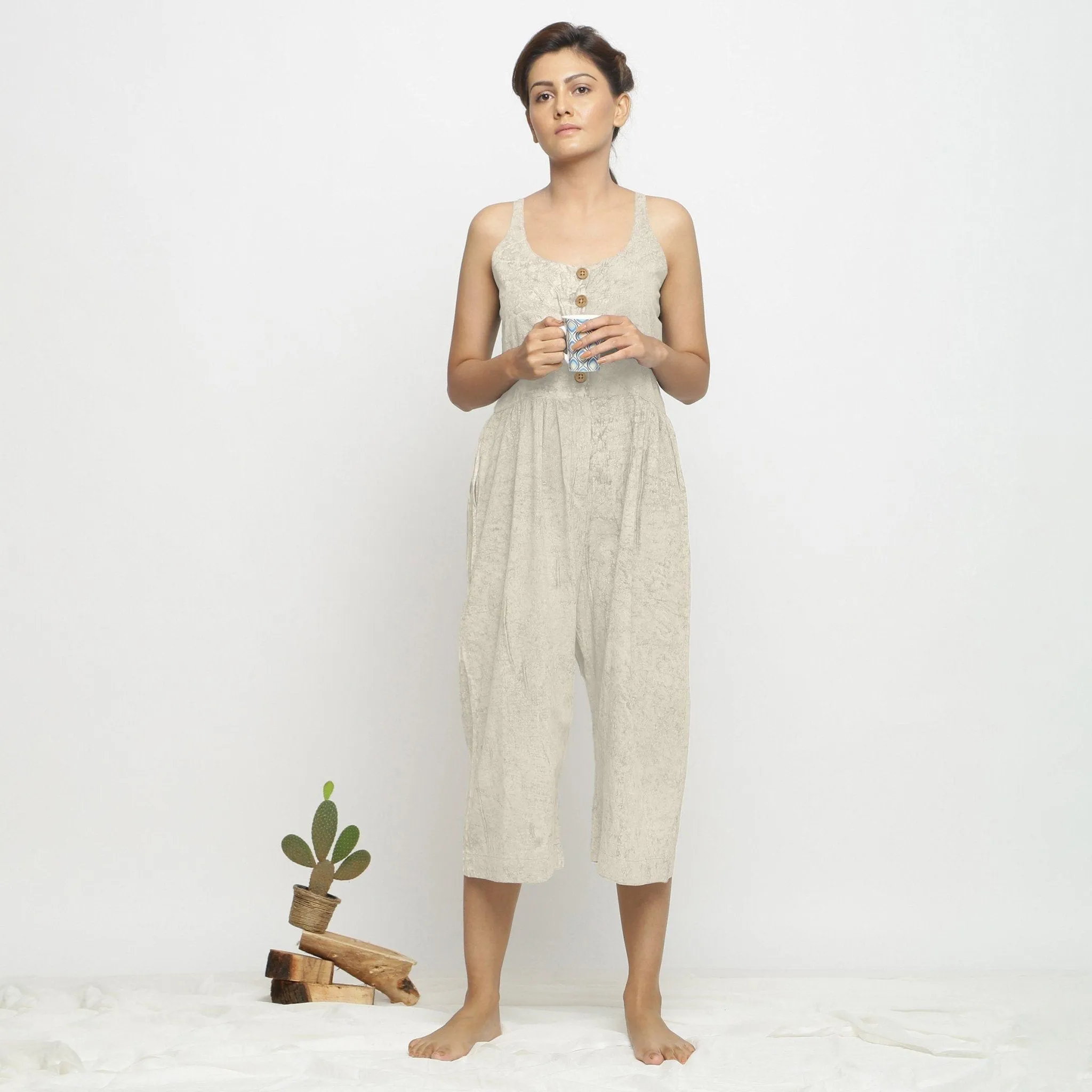 Beige Block Print 100% Cotton Button-Down Midi Jumpsuit