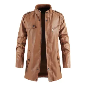 Brown Stand Collar Vintage Casual Leather Biker Coat