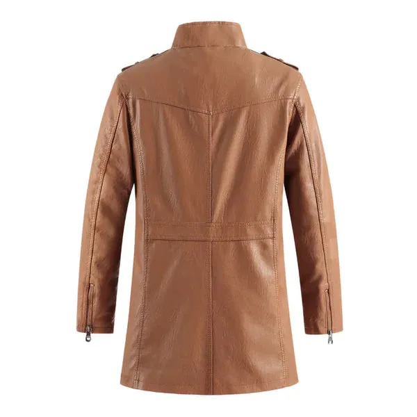 Brown Stand Collar Vintage Casual Leather Biker Coat