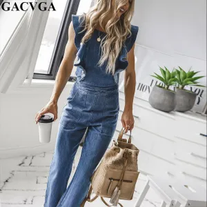 Butterfly Bell Wide Leg Bodycon Denim Jumpsuit Casual Rompers