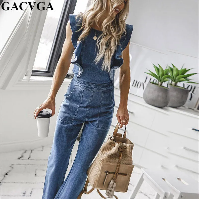 Butterfly Bell Wide Leg Bodycon Denim Jumpsuit Casual Rompers