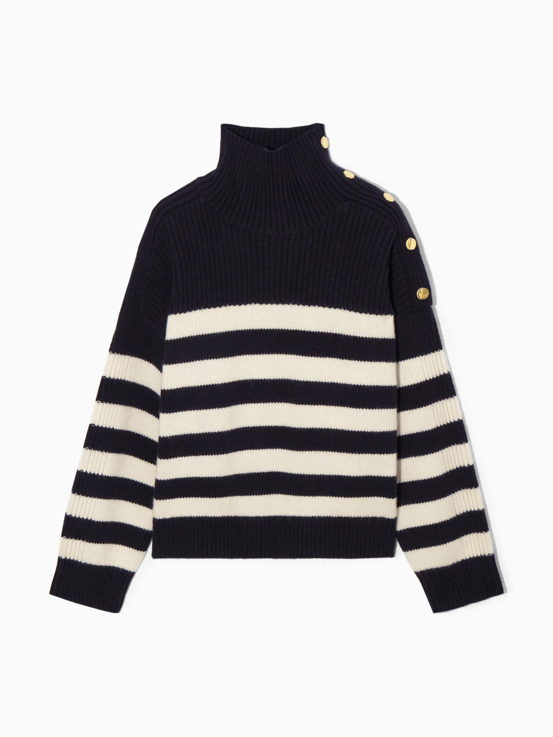 Button-embellished striped wool jumper