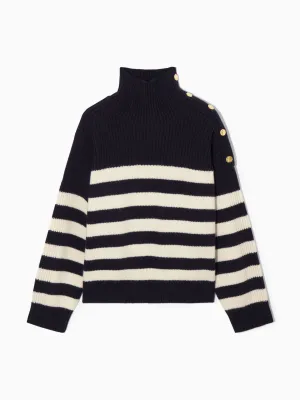Button-embellished striped wool jumper