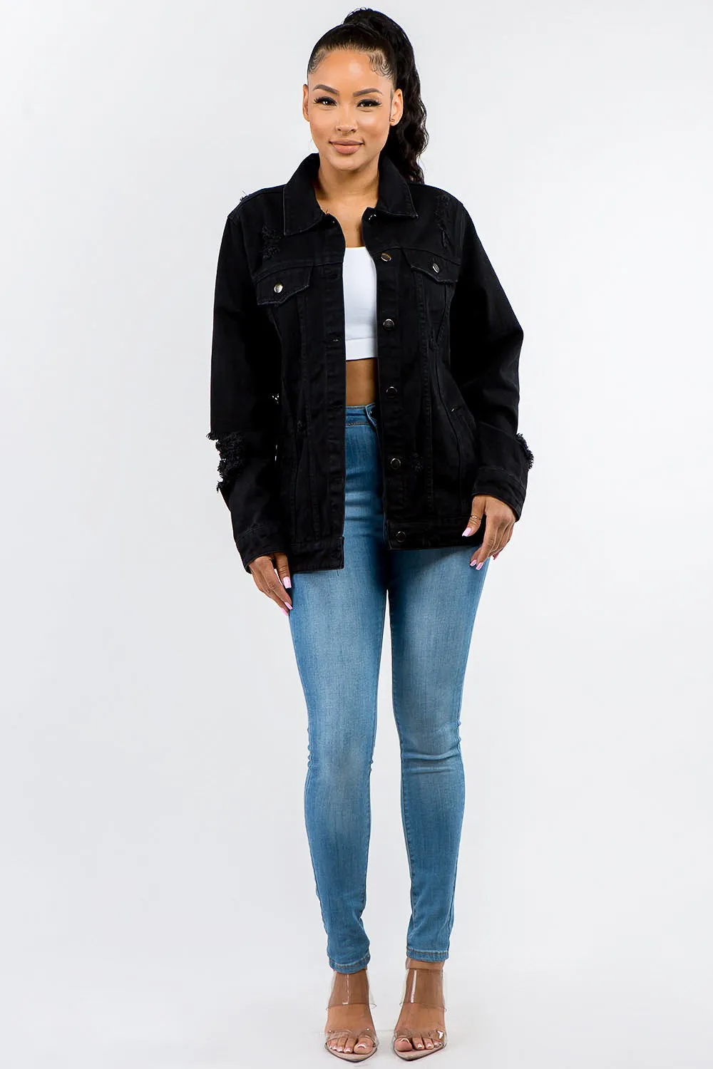 Button Up Distressed Denim Jacket