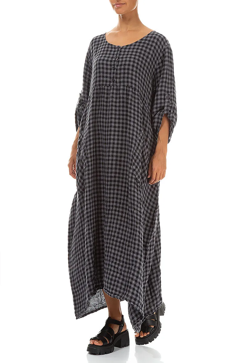 Buttoned Grey Check Linen Dress