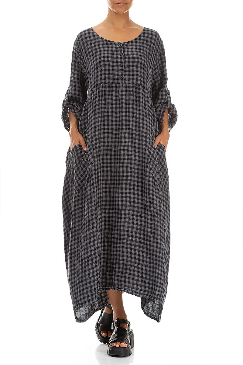 Buttoned Grey Check Linen Dress