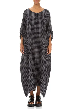 Buttoned Grey Check Linen Dress